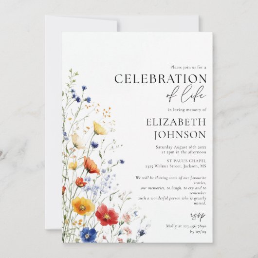 Wildblumen Florale Feier des Lebens Beerdigung Einladung (Vorderseite)