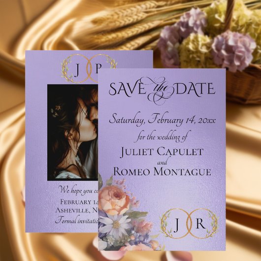 Wildblumen, Foto & Blatt-Monogramm - Blaue Flieder Save The Date