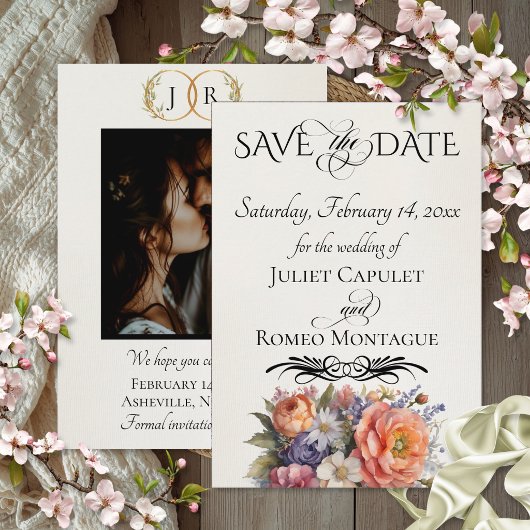 Wildblumen, Foto & Blatt-Monogramm - Creme Save The Date
