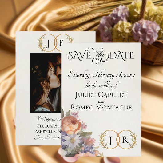 Wildblumen, Foto & Blatt-Monogramm - Elfenbein Save The Date