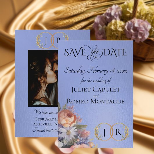 Wildblumen, Foto & Blatt-Monogramm - Himmelblau Save The Date