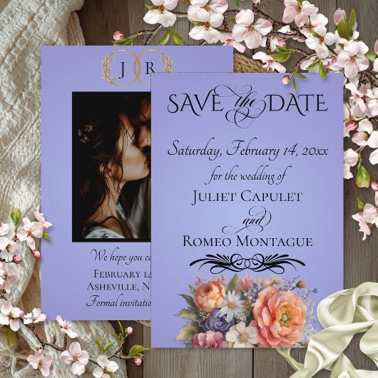 Wildblumen, Foto & Blatt-Monogramm - Himmelblau Save The Date
