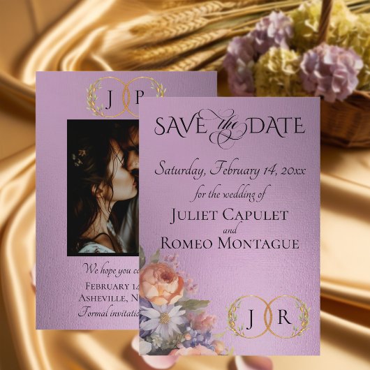 Wildblumen, Foto & Blatt-Monogramm - Lavendel Save The Date