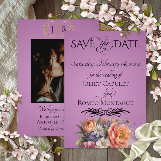 Wildblumen, Foto & Blatt-Monogramm - Lavendel Save The Date