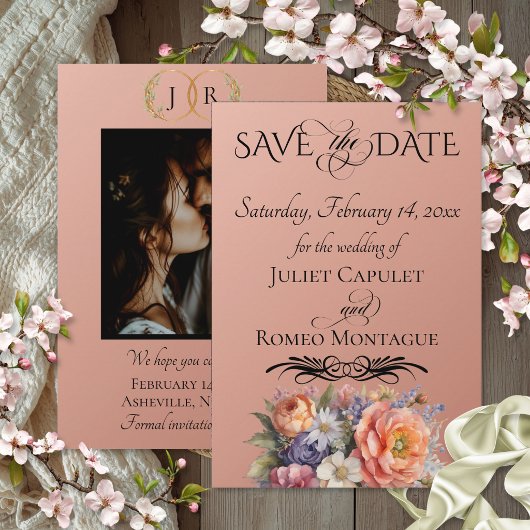 Wildblumen, Foto & Blatt-Monogramm - Roségold Save The Date