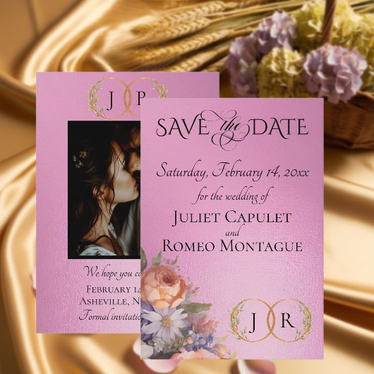 Wildblumen, Foto & Blatt-Monogramm - Rosenpink Save The Date