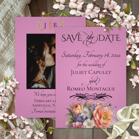 Wildblumen, Foto & Blatt-Monogramm - Rosenpink Save The Date