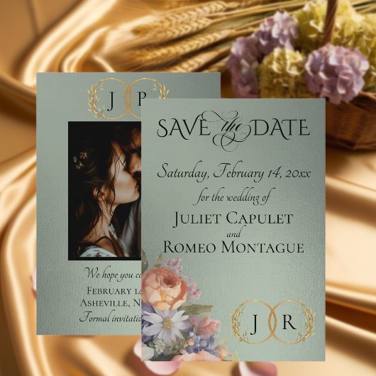 Wildblumen, Foto & Blatt-Monogramm - Salbei Save The Date