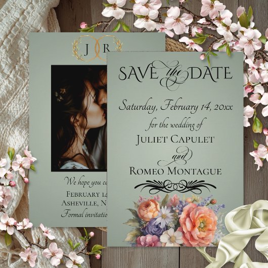 Wildblumen, Foto & Blatt-Monogramm - Salbei Save The Date