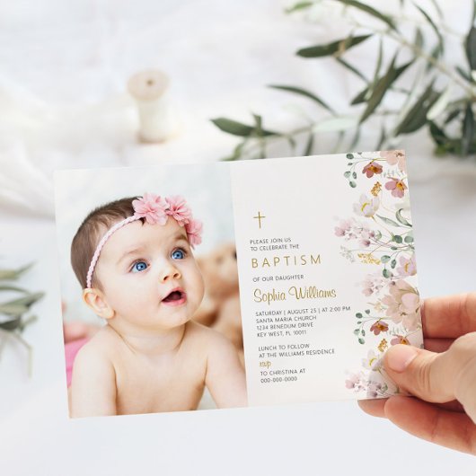 Wildblumen Foto Girl Baptisse | Rosa und Rote Blum Einladung