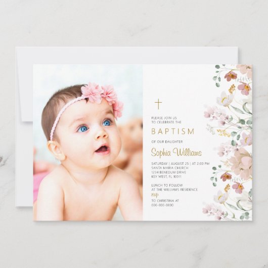 Wildblumen Foto Girl Baptisse | Rosa und Rote Blum Einladung (Vorderseite)