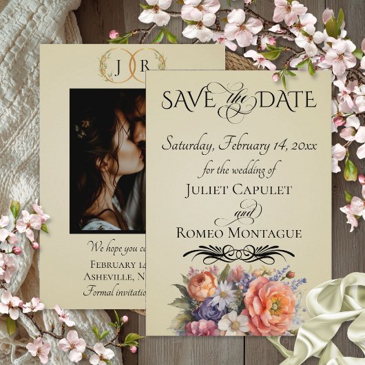 Wildblumen, Foto- und Blatt-Monogramm - Weizen Save The Date