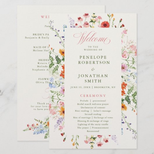 Wildblumen-Frühlingswiese-Garten-Hochzeitsprogramm (Vorne/Hinten)