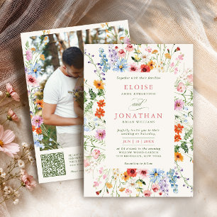 Wildblumen-Frühlingswiesen-Garten-Foto-QR-Hochzeit Einladung