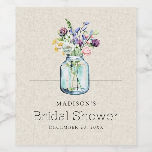 Wildblumen für Wasserfarben Linen Boho Brautparty Weinetikett (Einzelnes Label)