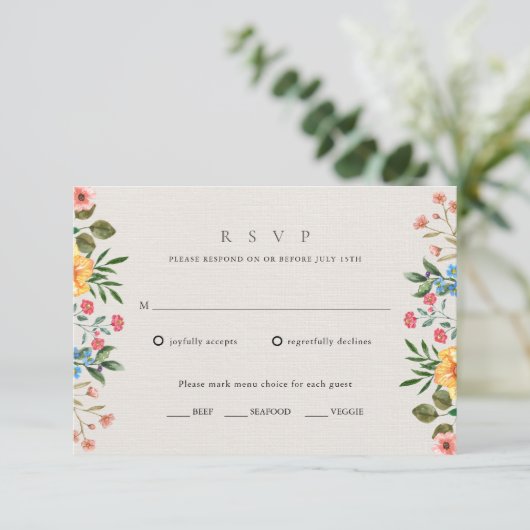 Wildblumen Garden Floral Wedding RSVP Karte (Stehend Vorderseite)