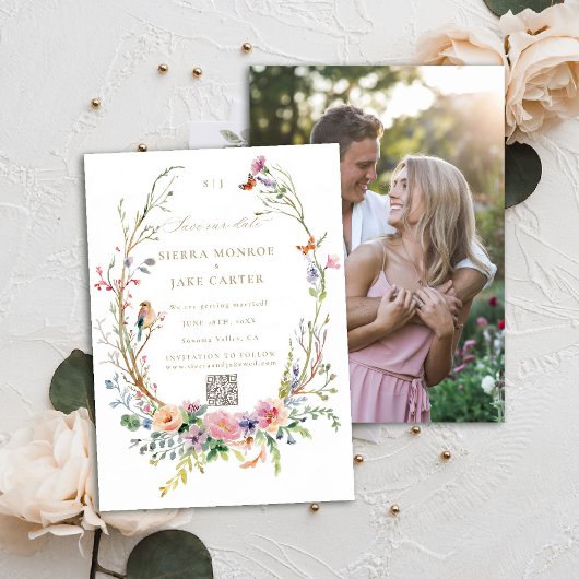 Wildblumen Garden QR Code Foto Hochzeitdatum Rett Einladung