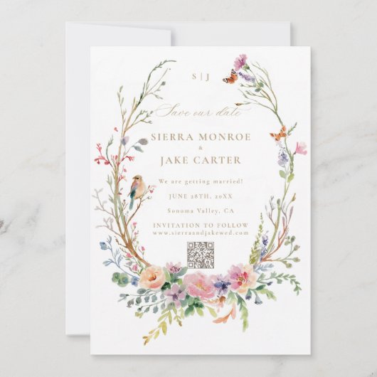 Wildblumen Garden QR Code Foto Hochzeitdatum Rett Einladung (Vorderseite)