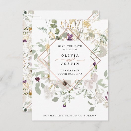 Wildblumen | Geometrisch Save the Date Ankündigungspostkarte (Vorne/Hinten)