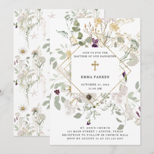 Wildblumen | Geometrische Taufe Einladung (Vorne/Hinten)
