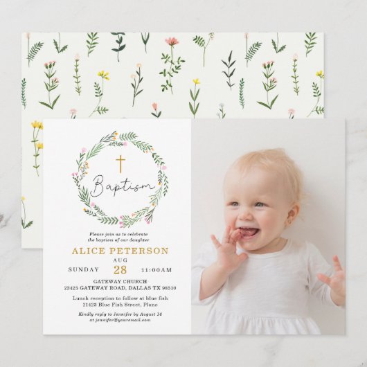 Wildblumen Girl Baptisse Celebration Foto Einladung (Vorne/Hinten)