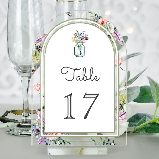 Wildblumen-Glas-Wedding-Acryl-Tischnummer Acryleinladungen