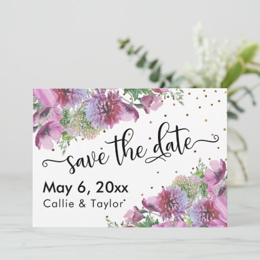 Wildblumen Gold Confetti Typografie Save the Date (Stehend Vorderseite)