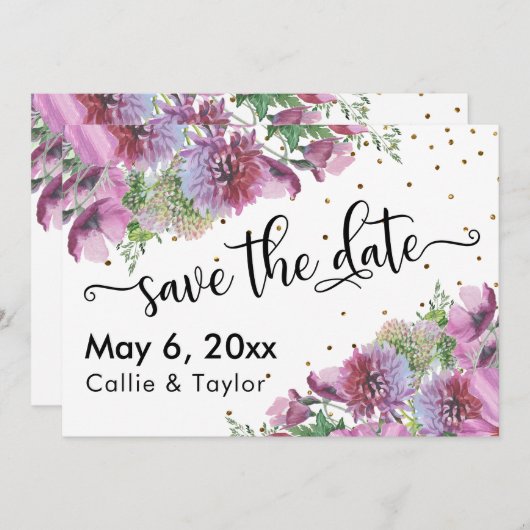 Wildblumen Gold Confetti Typografie Save the Date (Vorne/Hinten)
