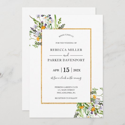 Wildblumen Gold elegante Hochzeitseinladung Einladung (Vorne/Hinten)