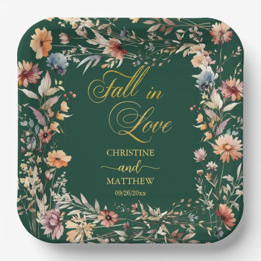 Wildblumen Gold 'Fall in Liebe' Elegante Hochzeit Pappteller (Vorderseite)