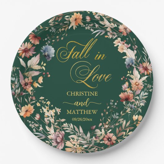 Wildblumen Gold 'Fall in Liebe' Elegante Hochzeit Pappteller (Vorderseite)
