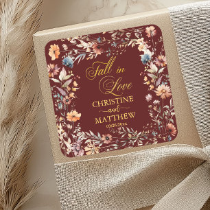 Wildblumen Gold 'Fall in Liebe' Elegante Hochzeit Quadratischer Aufkleber