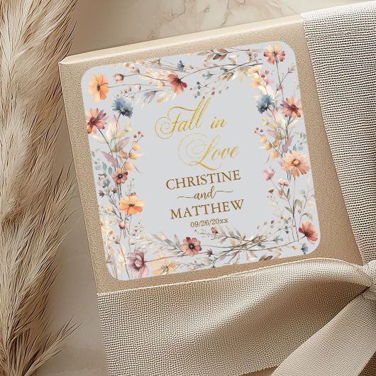 Wildblumen Gold 'Fall in Liebe' Elegante Hochzeit Quadratischer Aufkleber