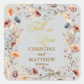 Wildblumen Gold 'Fall in Liebe' Elegante Hochzeit Quadratischer Aufkleber (Vorderseite)