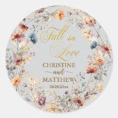 Wildblumen Gold 'Fall in Liebe' Elegante Hochzeit Runder Aufkleber (Vorderseite)