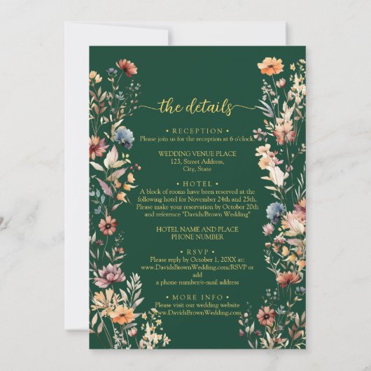 Wildblumen Goldfall in Liebe und Details Hochzeit Einladung (Rückseite)