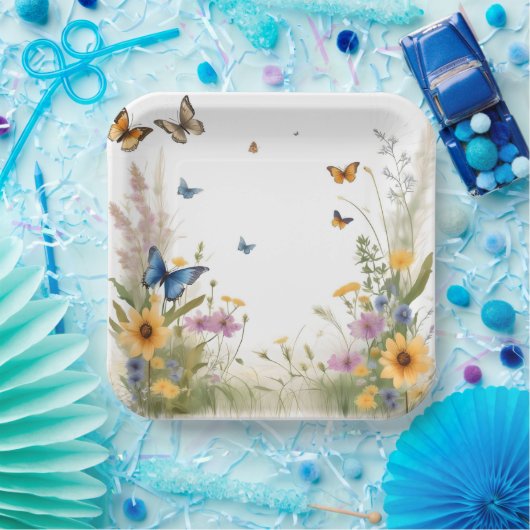 Wildblumen, Gräser und Schmetterlinge, Pappteller (Party)