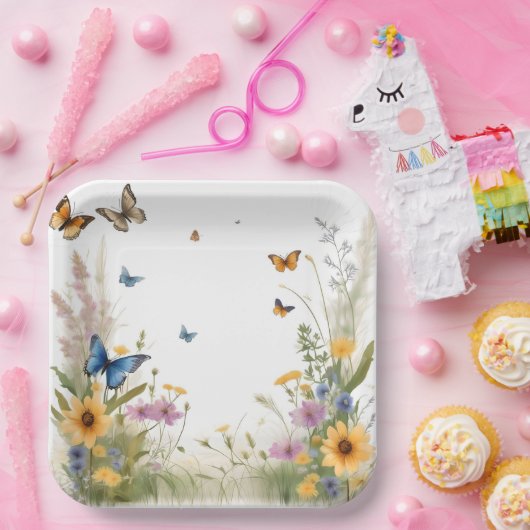 Wildblumen, Gräser und Schmetterlinge, Pappteller (Party)