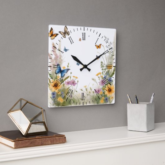 Wildblumen, Gräser und Schmetterlinge, Quadratische Wanduhr (Büro)