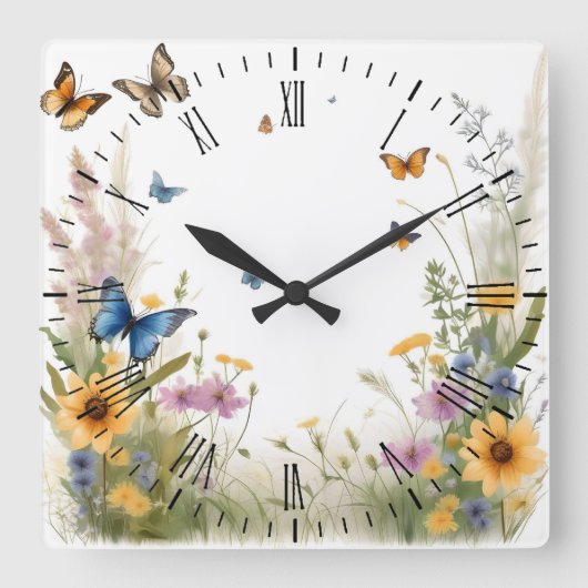 Wildblumen, Gräser und Schmetterlinge, Quadratische Wanduhr (Vorderseite)