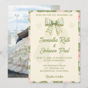 Wildblumen-Grün-Gingham-Schleife-Foto-Hochzeit Einladung