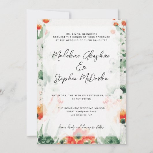 Wildblumen Grün & Orange romantische Hochzeit Einladung (Vorderseite)