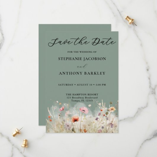 Wildblumen Grün Save the Date Hochzeitkarte (Vorderseite/Rückseite Beispiel)
