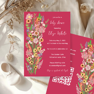 Wildblumen Handgemalt QR Code Baby Shower Einladung