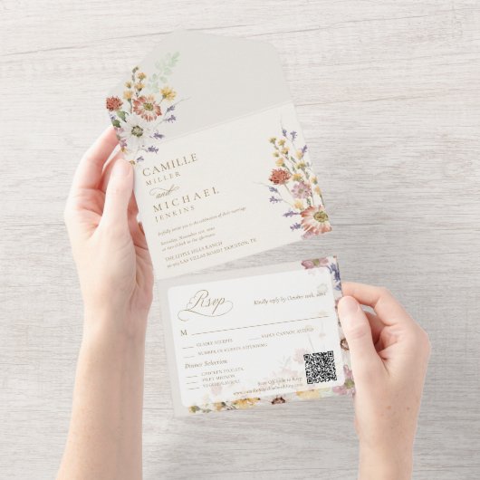 Wildblumen-Herbst-Hochzeits-QR-Code All In One Einladung (Abreißtisch)