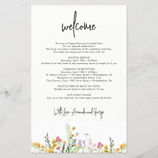 Wildblumen Hochzeit Begrüßungsbrief Flyer (Vorne)