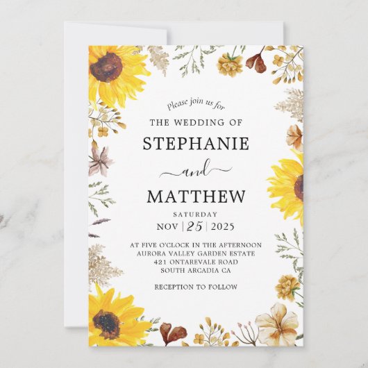 Wildblumen Hochzeit der Sonnenblumen Botanisches W Einladung (Vorderseite)