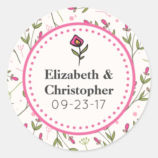 Wildblumen Hochzeit mit rosa und grünem Longsteg Runder Aufkleber (Vorderseite)