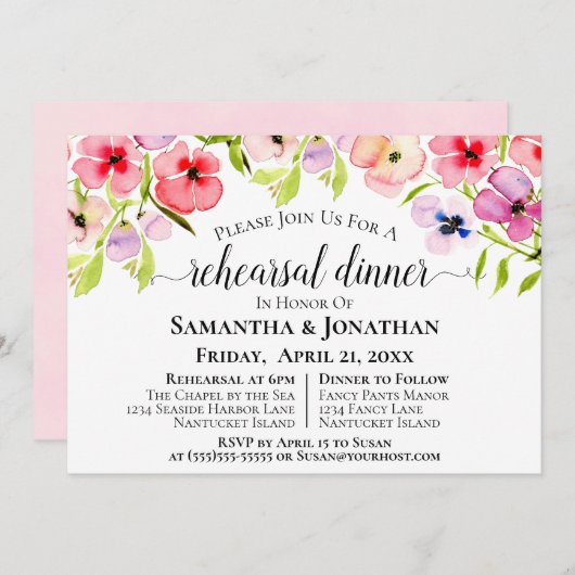 Wildblumen Hochzeitsfeiern Probe & Abendessen Einladung (Vorne/Hinten)