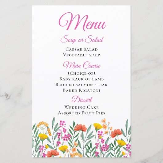 Wildblumen Hochzeitsmenü Wasserfarbe Frühlingsflor (Vorderseite)